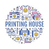 Printing house circle poster with flat line icons. Print shop equipment - printer, scanner, offset machine, plotter. Brochure, cmyk, rubber stamp. Polygraphy royalty free illustration Printing house circle poster with flat line icons. Print shop equipment - printer, scanner, offset machine, plotter. Brochure, cmyk, rubber stamp. Polygraphy royalty free illustration