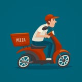 PrintPizzakoerier, de bestuurder van de beeldverhaalautoped, mannelijk het karakterontwerp van de jongensmens, snel voedselleveri stock illustratie PrintPizzakoerier, de bestuurder van de beeldverhaalautoped, mannelijk het karakterontwerp van de jongensmens, snel voedselleveri stock illustratie