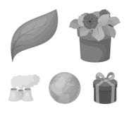 A processing plant, flowers in a pot, a green leaf, a planet Earth.Bio and ecology set collection icons in monochrome Stock Photography A processing plant, flowers in a pot, a green leaf, a planet Earth.Bio and ecology set collection icons in monochrome Stock Photography