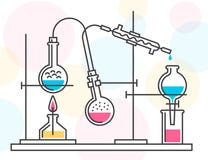Processus de réaction chimique dans le laboratoire scientifique, se composant des flacons et des tuyaux illustration de vecteur Processus de réaction chimique dans le laboratoire scientifique, se composant des flacons et des tuyaux illustration de vecteur