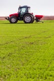 Producteur dans le domaine de blé de fertilisation de tracteur au ressort avec le npk photographie stock libre de droits Producteur dans le domaine de blé de fertilisation de tracteur au ressort avec le npk photographie stock libre de droits