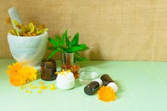 Production of natural cosmetics. Medicinal flowers of calendula, chamomile, mint and herbal tincture. Medicinal herbs. Organic cos royalty free stock photos Production of natural cosmetics. Medicinal flowers of calendula, chamomile, mint and herbal tincture. Medicinal herbs. Organic cos royalty free stock photos
