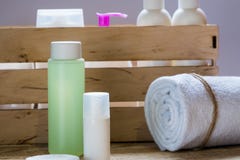 Products for body care, shower gel, shampoo, bath salts. Pink color royalty free stock photos Products for body care, shower gel, shampoo, bath salts. Pink color royalty free stock photos