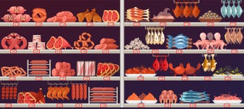 Produtos da carne e de peixes na tenda da loja ou da loja ilustração do vetor Produtos da carne e de peixes na tenda da loja ou da loja ilustração do vetor