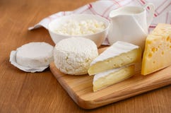Produtos lácteos frescos Leite, queijo, brie, camembert e requeijão no fundo de madeira imagem de stock royalty free Produtos lácteos frescos Leite, queijo, brie, camembert e requeijão no fundo de madeira imagem de stock royalty free