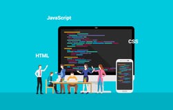 Programmera frontend developepr för website som tillsammans arbetar - vektorn stock illustrationer Programmera frontend developepr för website som tillsammans arbetar - vektorn stock illustrationer