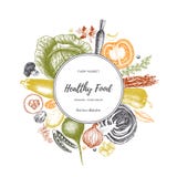 Projeto do alimento de Eco com esboço tirado mão dos vegetais Quadro orgânico dos produtos Molde do vetor com ilustração da colhe ilustração royalty free Projeto do alimento de Eco com esboço tirado mão dos vegetais Quadro orgânico dos produtos Molde do vetor com ilustração da colhe ilustração royalty free