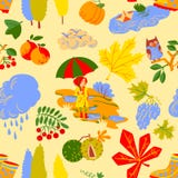 Projeto do fundo do outono como a paisagem com a menina com guarda-chuva ilustração stock Projeto do fundo do outono como a paisagem com a menina com guarda-chuva ilustração stock
