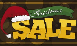 Promotional for Christmas Sales with Santa`s Hat, Ribbon and Glows, Vector Illustration royalty free illustration Promotional for Christmas Sales with Santa`s Hat, Ribbon and Glows, Vector Illustration royalty free illustration