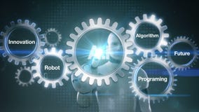 Przekładnia z słowem kluczowym, przyszłość, programowanie, algorytm, innowacja, robot, robota cyborga macania ekranu ` A Ja ` ilustracja wektor Przekładnia z słowem kluczowym, przyszłość, programowanie, algorytm, innowacja, robot, robota cyborga macania ekranu ` A Ja ` ilustracja wektor