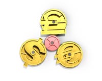 Przekładnie z złotym dolarowym znakiem, funt, euro symbol, 3D illustrati Obrazy Stock Przekładnie z złotym dolarowym znakiem, funt, euro symbol, 3D illustrati Obrazy Stock