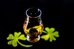 Przerzedże słodowego whisky w szkle degustacja z dekoracją dla St obraz royalty free Przerzedże słodowego whisky w szkle degustacja z dekoracją dla St obraz royalty free