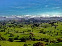 Prärienord av Spanien med Picos de Europa i bakgrunden royaltyfria bilder Prärienord av Spanien med Picos de Europa i bakgrunden royaltyfria bilder