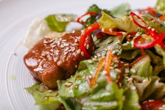 Puchar sałatka z wołowiien warzywami i teriyaki azjatykci jedzenie Sałatka na białym naczyniu na stole różna mięsa talerza wieprz obrazy stock Puchar sałatka z wołowiien warzywami i teriyaki azjatykci jedzenie Sałatka na białym naczyniu na stole różna mięsa talerza wieprz obrazy stock