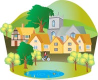 Pueblo inglés con una charca del pato stock de ilustración Pueblo inglés con una charca del pato stock de ilustración