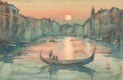 Puesta del sol en la acuarela de Venecia stock de ilustración Puesta del sol en la acuarela de Venecia stock de ilustración