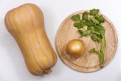 Pumpkin, onion, cilantro and a cutting board on a white background stock photo Pumpkin, onion, cilantro and a cutting board on a white background stock photo