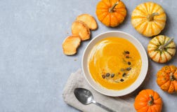 Pumpkin Soup with Cream, Dill and Pumpkin Seeds, Top View stock photos Pumpkin Soup with Cream, Dill and Pumpkin Seeds, Top View stock photos