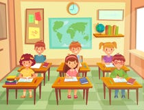 Pupil kids at classroom. Primary school children pupils, smiling boys and girls study in schools class cartoon vector