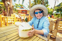Pys som dricker kokosnötcoctailen på tropisk strandsemesterort royaltyfri foto Pys som dricker kokosnötcoctailen på tropisk strandsemesterort royaltyfri foto