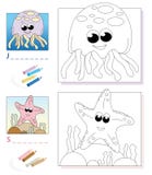 Página do livro de coloração: medusa & starfish ilustração do vetor Página do livro de coloração: medusa & starfish ilustração do vetor