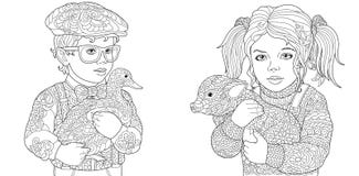 Páginas del colorante con los niños que sostienen el pato y el cerdo libre illustration Páginas del colorante con los niños que sostienen el pato y el cerdo libre illustration