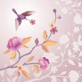 Pássaro na manhã pálida - jardim de flor cor-de-rosa ilustração royalty free Pássaro na manhã pálida - jardim de flor cor-de-rosa ilustração royalty free