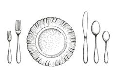Półkowa jadalnia z rozwidlenie łyżkami i nożowym wektorowym nakreśleniem Cutlery set handmade odosobniony rocznika rysunek na bia royalty ilustracja Półkowa jadalnia z rozwidlenie łyżkami i nożowym wektorowym nakreśleniem Cutlery set handmade odosobniony rocznika rysunek na bia royalty ilustracja