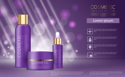 Púrpura y botella determinada de la máscara del skincare del oro en fondo de las partículas del brillo ilustración del vector Púrpura y botella determinada de la máscara del skincare del oro en fondo de las partículas del brillo ilustración del vector