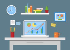 Płaskiego projekta wektorowa ilustracja, nowożytny biurowy wnętrze Kreatywnie biurowy workspace z komputerem, notatki, falcówki, Obrazy Royalty Free Płaskiego projekta wektorowa ilustracja, nowożytny biurowy wnętrze Kreatywnie biurowy workspace z komputerem, notatki, falcówki, Obrazy Royalty Free