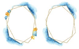 Quadro dourado geométrico com os pontos e as gemas azuis da aquarela ilustração do vetor Quadro dourado geométrico com os pontos e as gemas azuis da aquarela ilustração do vetor