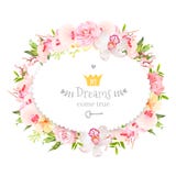 Quadro floral oval do projeto do vetor A orquídea, aumentou, flores da camélia e as folhas verdes frescas ilustração do vetor Quadro floral oval do projeto do vetor A orquídea, aumentou, flores da camélia e as folhas verdes frescas ilustração do vetor