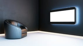 Quarto preto do showcase com a tevê da tecnologia 3d imagens de stock Quarto preto do showcase com a tevê da tecnologia 3d imagens de stock