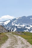 Quatre alpinistes sur la traînée de montagne images stock Quatre alpinistes sur la traînée de montagne images stock