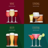 Quatre cartes avec différentes boissons d'alcool Vin, boissons fortes illustration libre de droits Quatre cartes avec différentes boissons d'alcool Vin, boissons fortes illustration libre de droits