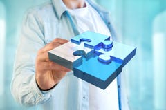 Quatre morceaux de puzzle faisant un logo sur une interface futuriste - 3d Images stock Quatre morceaux de puzzle faisant un logo sur une interface futuriste - 3d Images stock