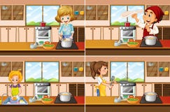 Quatro cenas da cozinha com cozimento do homem e da mulher ilustração stock Quatro cenas da cozinha com cozimento do homem e da mulher ilustração stock