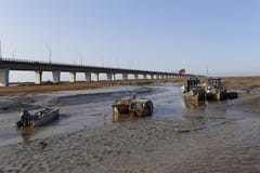 Quelque bateau de pêche simple amarré dans le marécage, accroché avec le drapeau chinois images libres de droits Quelque bateau de pêche simple amarré dans le marécage, accroché avec le drapeau chinois images libres de droits