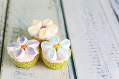 Queques decorados com as flores do creme e do marshmallow da manteiga imagem de stock Queques decorados com as flores do creme e do marshmallow da manteiga imagem de stock