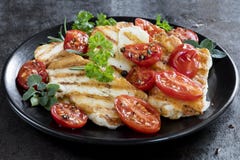 Queso de Halloumi con Cherry Tomatoes y las hierbas asados imagen de archivo libre de regalías Queso de Halloumi con Cherry Tomatoes y las hierbas asados imagen de archivo libre de regalías