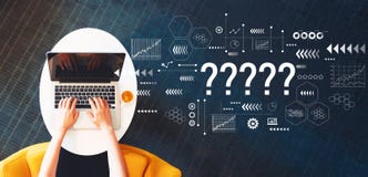 Question marks with person using a laptop Royalty Free Illustration Question marks with person using a laptop Royalty Free Illustration
