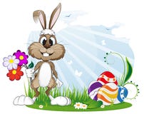 Rabbit With Easter Eggs And Flowers Royalty Free Stock Images