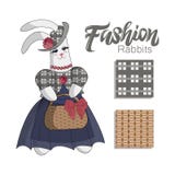 Rabit élégant de lapin de mode dans la robe bleue sur un fond blanc Lettrage de main Ensemble de configurations sans joint illustration libre de droits Rabit élégant de lapin de mode dans la robe bleue sur un fond blanc Lettrage de main Ensemble de configurations sans joint illustration libre de droits