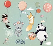 Raccolta con gli animali svegli della mosca di compleanno con i palloni royalty illustrazione gratis Raccolta con gli animali svegli della mosca di compleanno con i palloni royalty illustrazione gratis