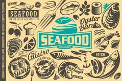Raccolta degli elementi di progettazione del ristorante dei frutti di mare illustrazione di stock Raccolta degli elementi di progettazione del ristorante dei frutti di mare illustrazione di stock