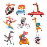 Raccolta dei caratteri animali divertenti facendo uso di vari tipi di veicoli, gatto, leone, giraffa, coniglio, cammello, lupo, m illustrazione vettoriale Raccolta dei caratteri animali divertenti facendo uso di vari tipi di veicoli, gatto, leone, giraffa, coniglio, cammello, lupo, m illustrazione vettoriale
