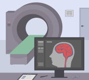 Radiologic room with a computer tomograph. MRI / CT diagnostic scanner and monitor to scan the human brain on the screen. stock illustration Radiologic room with a computer tomograph. MRI / CT diagnostic scanner and monitor to scan the human brain on the screen. stock illustration