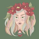 Ragazza con la corona variopinta del fiore e dei capelli illustrazione di stock Ragazza con la corona variopinta del fiore e dei capelli illustrazione di stock