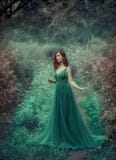 Ragazza dai capelli rossi in un verde, smeraldo, vestito lussuoso nel pavimento, con un treno lungo La principessa cammina in un immagini stock Ragazza dai capelli rossi in un verde, smeraldo, vestito lussuoso nel pavimento, con un treno lungo La principessa cammina in un immagini stock