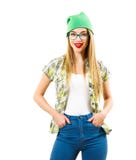 Ragazza dei pantaloni a vita bassa di stile della via isolata su bianco fotografia stock Ragazza dei pantaloni a vita bassa di stile della via isolata su bianco fotografia stock